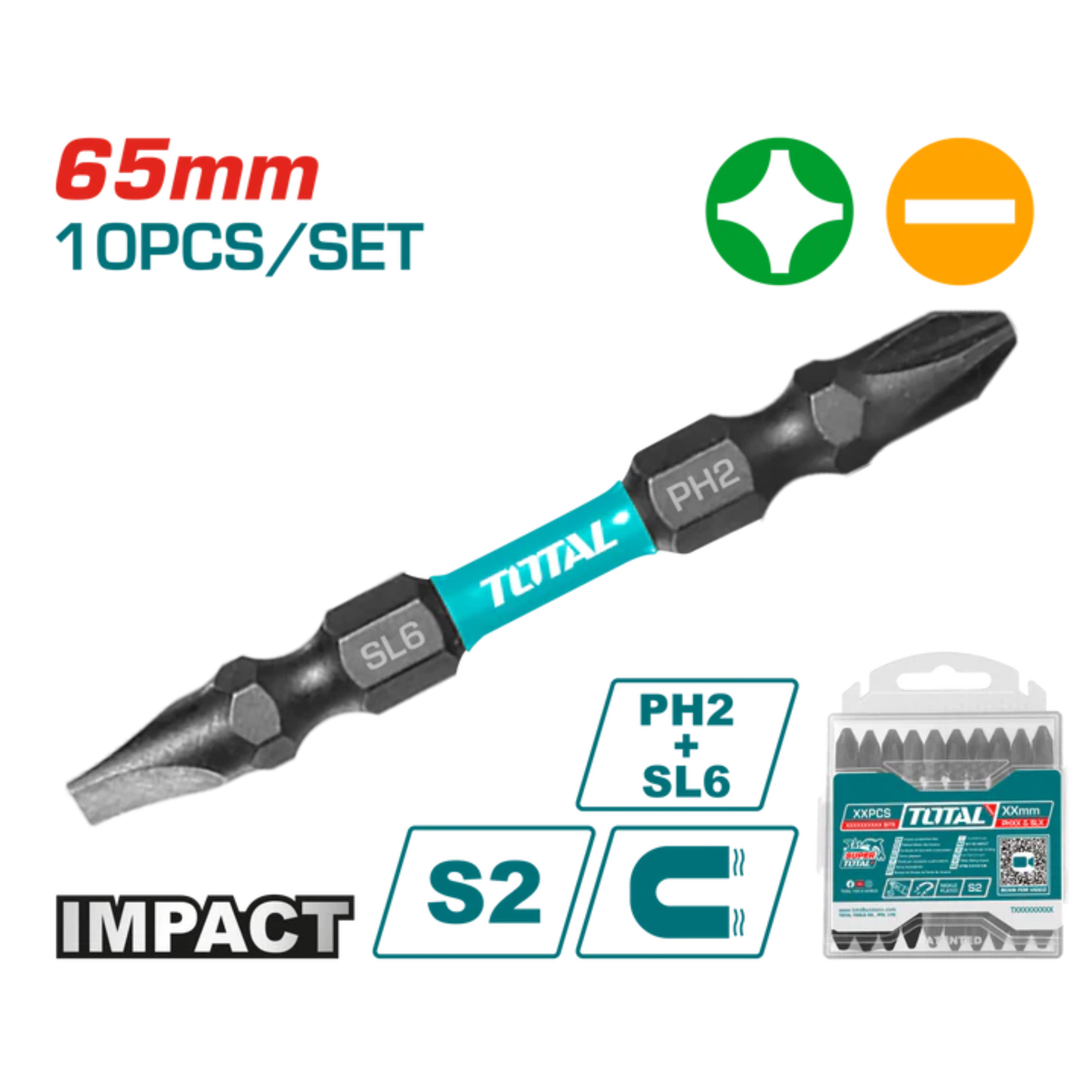 Impact screwdriver bits PH2+SL6.0*1.0 65mm (10pc Set) TACIM16HL133