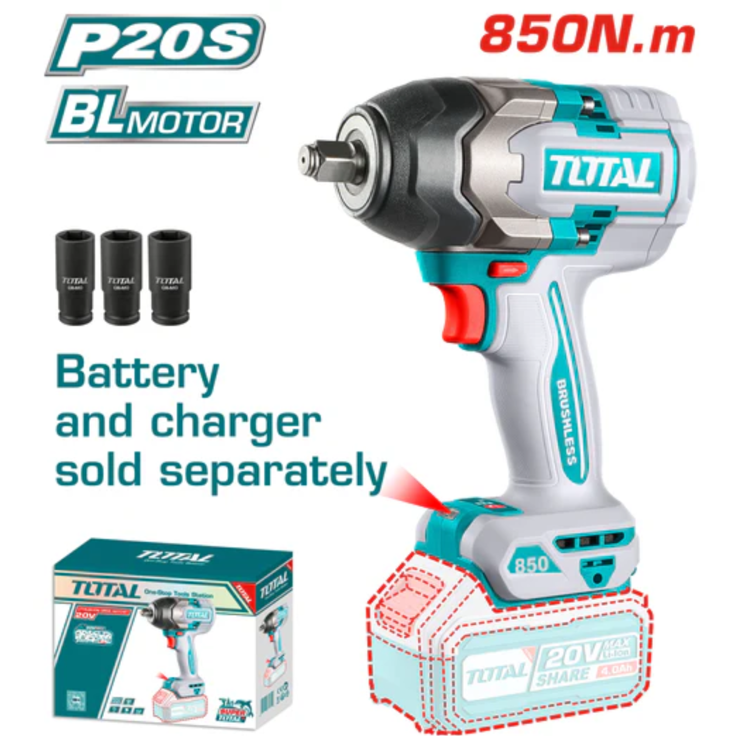 Cordless impact wrench 850N.m 20V TIWLI20851
