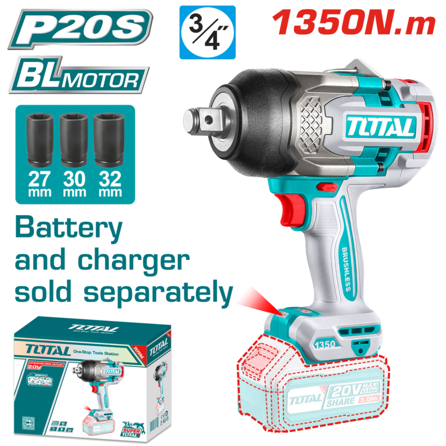 3/4'' Cordless impact wrench 1350Nm 20V TIWLI201351