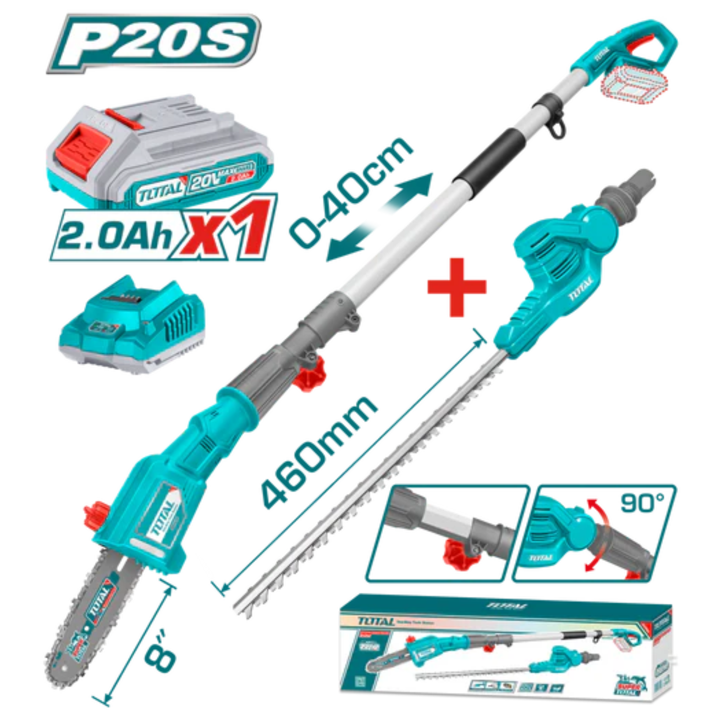 Cordless pole saw with pole hedge trimmer 20V Set. TPTS201681