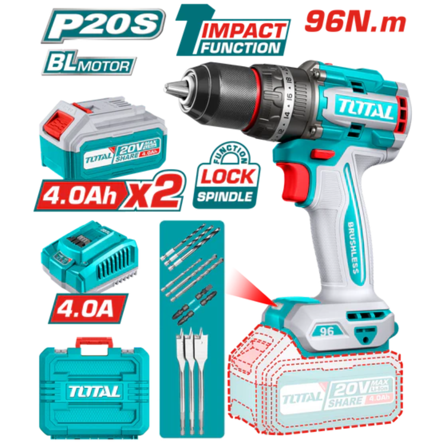 Brushless cordless impact drill 96nN.m 20V TIDLI20968