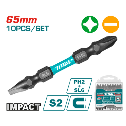 Impact screwdriver bits PH2+SL6.0*1.0 65mm (10pc Set) TACIM16HL133